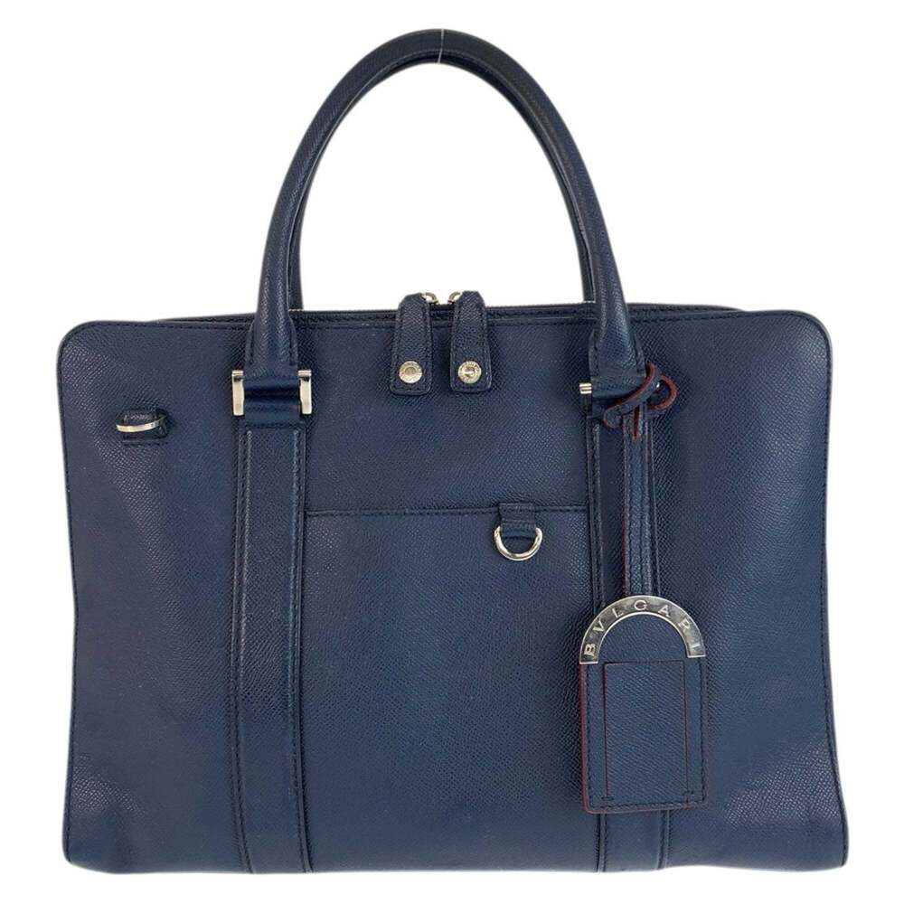 BVLGARI Bulgari Man Navy Silver Hardware Leather Business Bag Briefcase for M...